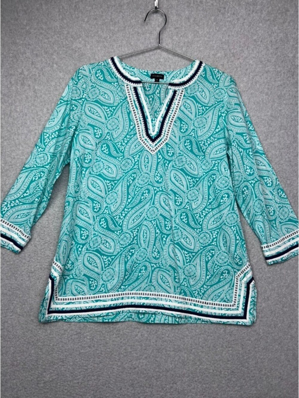 Talbots Paisley Notch Neck Top M 3/4 Sleeve Cotton Tunic Blouse Split Vaca beach